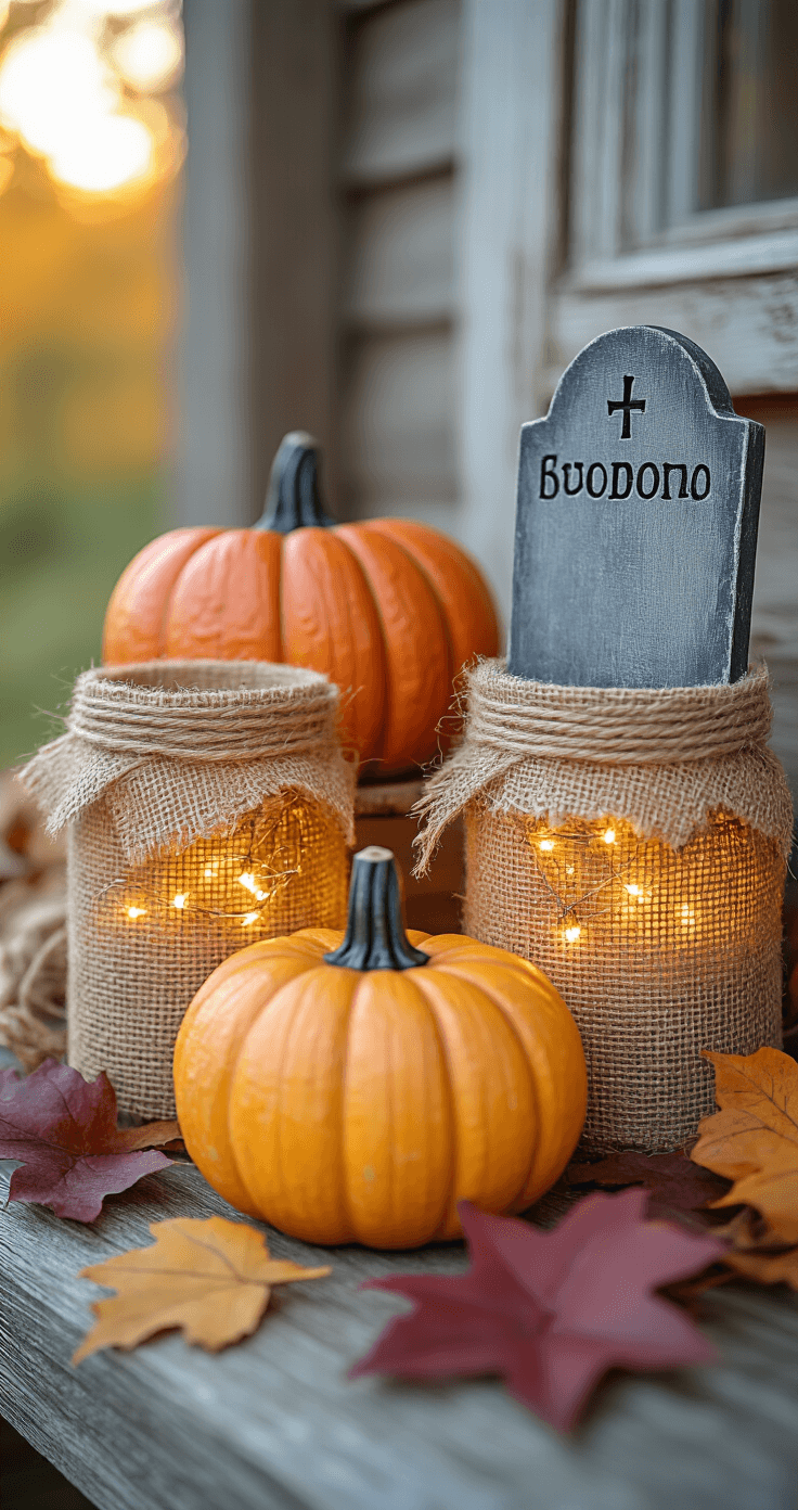 Spook-tacular Halloween Front Porch: Your Ultimate Decoration Guide Close-up macro shot of a budget-friendly DIY Halloween vignette featuring hand-painted dollar store pumpkins in ombre sunset tones, burlap-wrapped mason jars with battery-operated fairy lights, creative tombstone props made from distressed foam board, and scattered autumn leaves in rich burgundy and amber hues, all illuminated by warm afternoon sunlight.