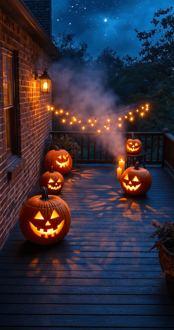 Spook-tacular Halloween Front Porch: Your Ultimate Decoration Guide Overhead view of a twilight porch illuminated by warm amber pools from flameless candles, intricate jack-o'-lanterns casting shadows on brick walls, geometric string lights overhead, and fog effects under a deep navy sky with stars.