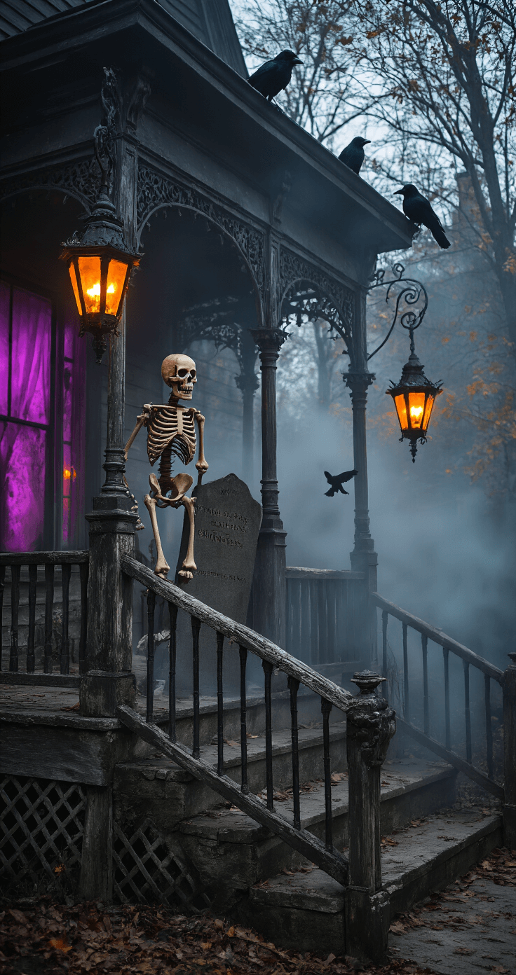 Spook-tacular Halloween Front Porch: Your Ultimate Decoration Guide Medium shot of a spooky Halloween scene featuring a life-sized skeleton climbing a weathered porch railing, alongside handcrafted tombstones in artificial fog, ravens on gothic lanterns, hanging witch hats, and moody purple lighting with orange accents.