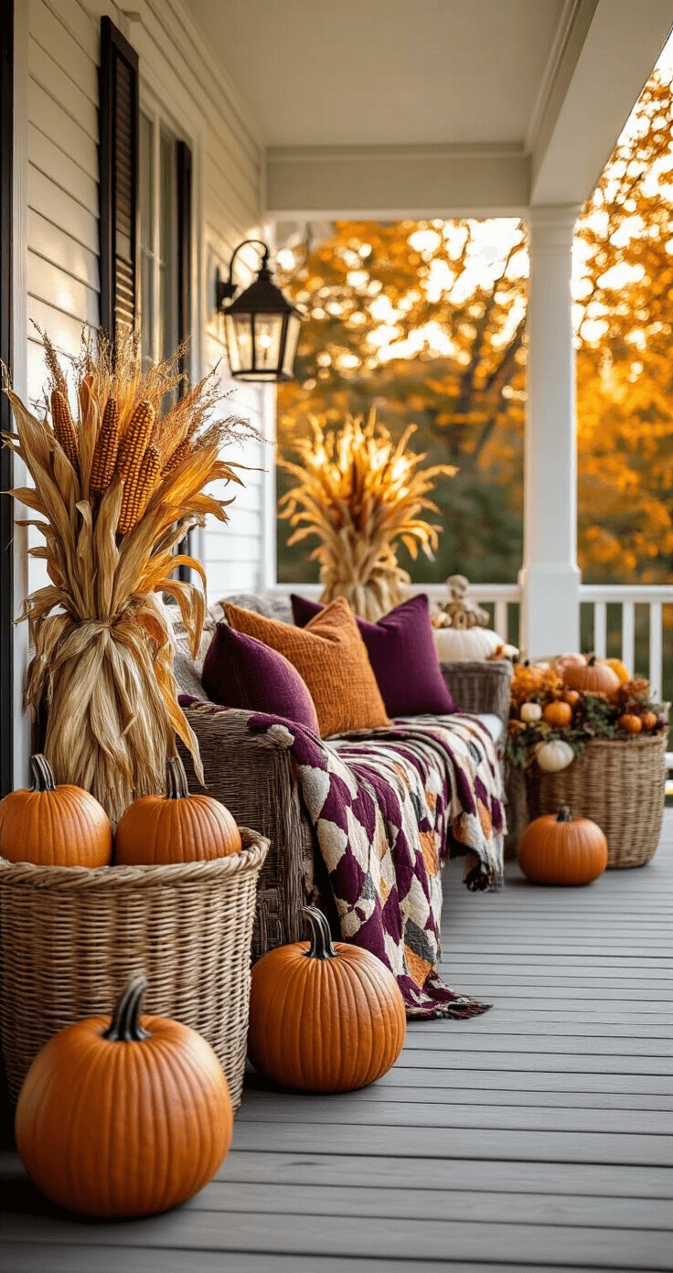 Spook-tacular Halloween Front Porch: Your Ultimate Decoration Guide Wide shot of a beautifully styled porch at magic hour, featuring layered textures with woven baskets, autumn corn stalks, and vintage quilted throws, showcasing a color palette of burnt orange, deep plum, and antique brass, multiple heights from varied pumpkin arrangements, a mix of natural materials and metallic accents, all illuminated by warm golden sunlight.