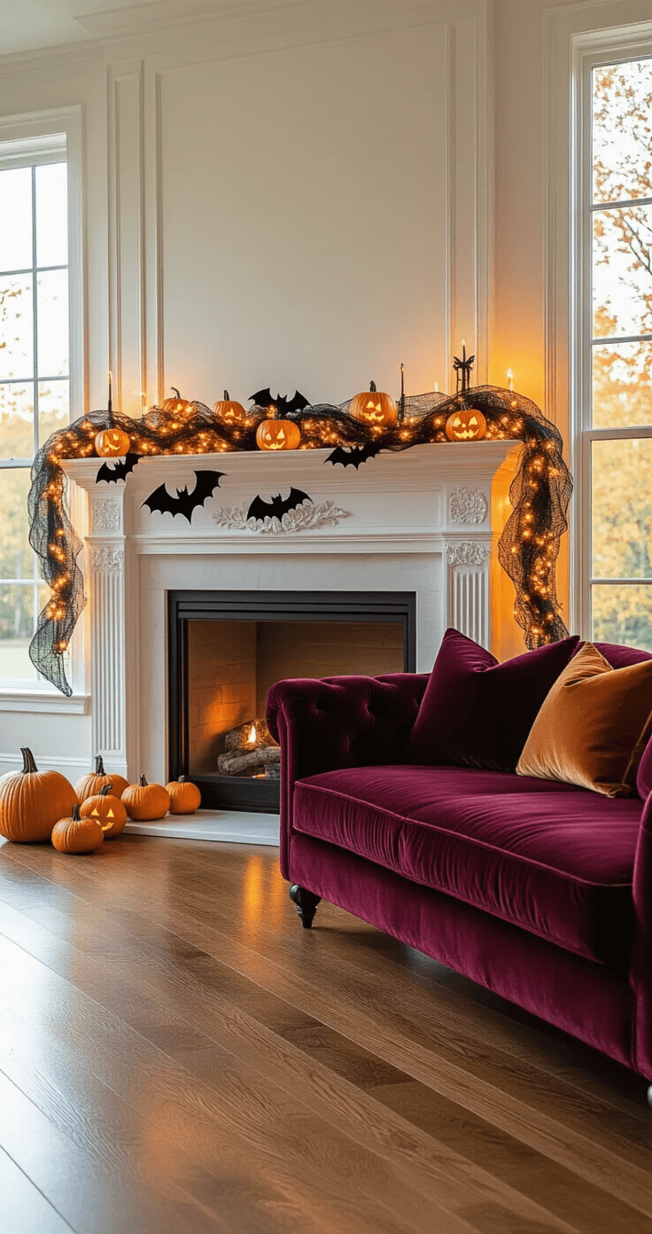 Wide-angle shot of an elegant living room with a white fireplace decorated for Halloween, featuring a garland of LED lights, pumpkins, and bats. A burgundy velvet sofa with autumn pillows and gleaming hardwood floors enhance the cozy and spooky ambiance. Warm sunlight streams through tall windows, merging with the garland's glow.