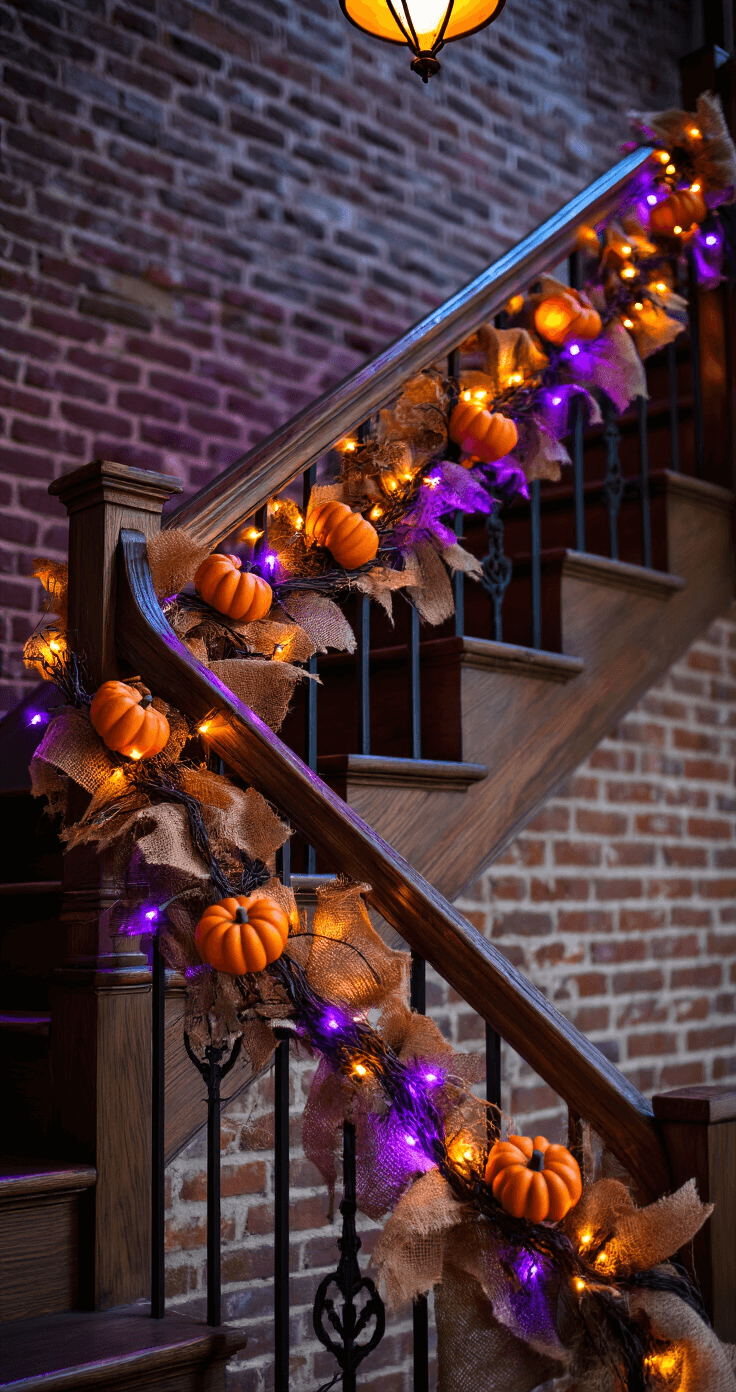 Close-up of a rustic wooden staircase railing adorned with a Halloween garland of purple and orange lights, burlap leaves, foam pumpkins, and twigs, set against an exposed brick wall, with warm pendant lighting casting dramatic shadows in a moody twilight atmosphere.