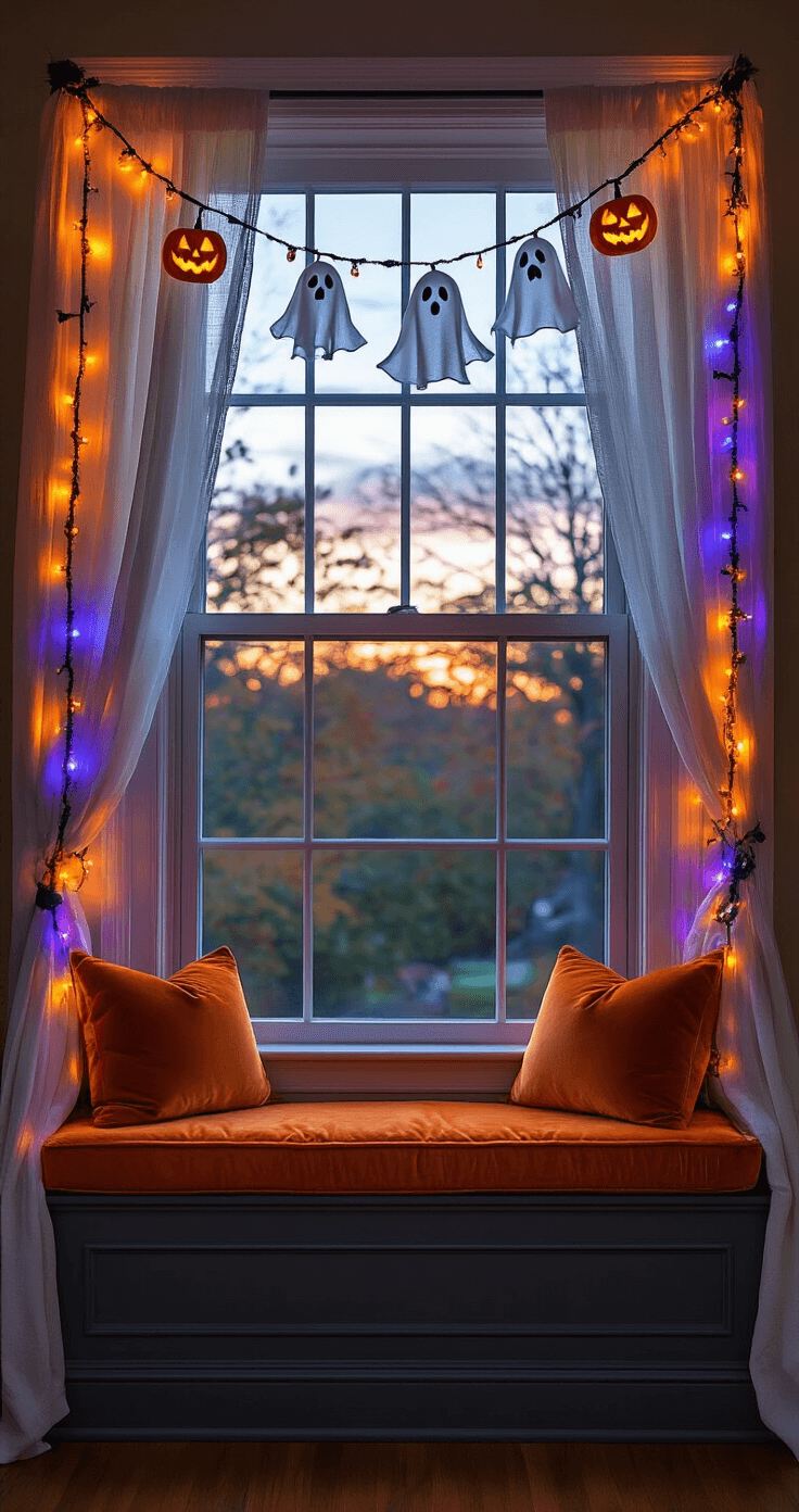 Medium shot of a bay window adorned with a colorful Halloween garland, soft evening light fading into dusk. The window features sheer cream curtains, an orange velvet cushion seat, and deep charcoal gray trim, creating a warm, magical atmosphere.