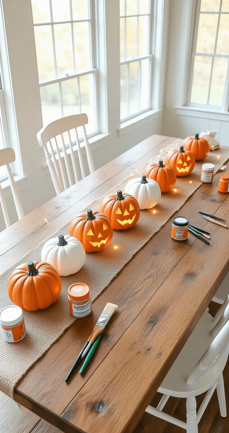 Overhead view of a rustic wooden dining table adorned with a DIY Halloween pumpkin garland centerpiece made of hand-painted foam pumpkins and warm white LED lights, surrounded by craft supplies and a burlap table runner, creating a cozy autumn workshop atmosphere.
