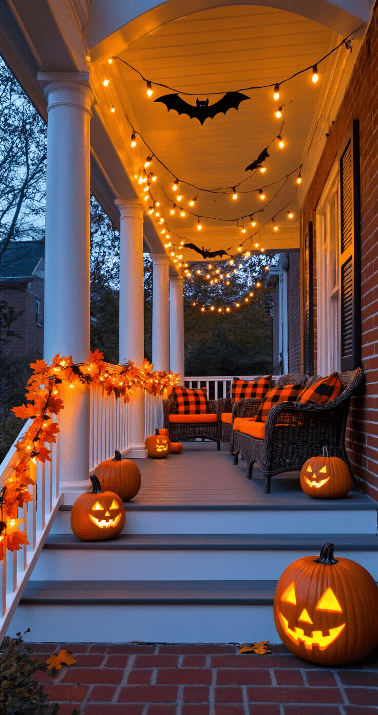 Exterior shot of a covered porch at dusk adorned with string lights and Halloween garland, featuring orange LED lights, autumn leaves, mini pumpkins, and bat cutouts. Wicker furniture with plaid cushions complements carved jack-o'-lanterns on the steps, all set against a red brick house with white columns and dark gray flooring. The warm lighting creates an inviting atmosphere for trick-or-treaters.