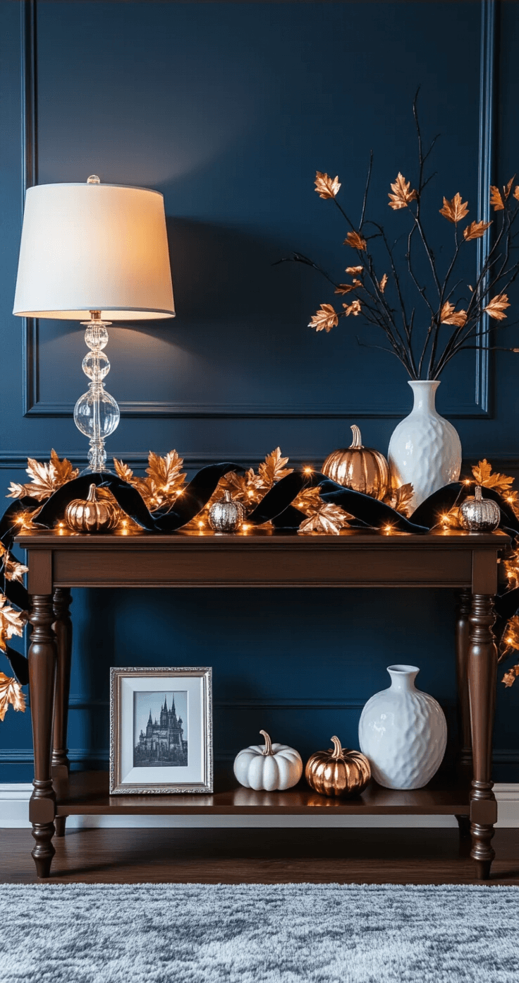 Elegant console table against a navy blue wall, adorned with a sophisticated Halloween garland of warm white lights, metallic copper leaves, black velvet ribbon, and small mercury glass pumpkins. A crystal table lamp casts soft light, highlighting silver picture frames and white ceramic vases with dark branches atop a rich mahogany surface, all set on a plush gray rug. The scene captures upscale Halloween styling with deep jewel tones and metallic accents.