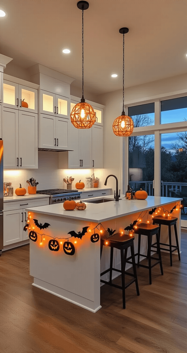 Wide shot of a modern open-concept kitchen and dining area decorated for Halloween, featuring minimalist garlands with orange LED lights, black paper bats, and geometric pumpkins, with clean white cabinetry, quartz countertops, stainless steel appliances, and hardwood floors, set against a darkening sky outside.