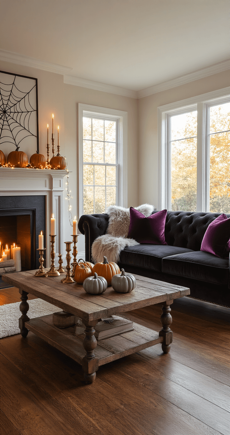 Classy Halloween Home Decor: Elevate Your Seasonal Styling with Sophisticated Spook A sophisticated Halloween living room featuring a charcoal velvet sofa with deep plum throw pillows, a reclaimed wood coffee table adorned with burnished brass candlesticks and muted sage ceramic pumpkins, layered textures of a faux fur blanket, and decorative elements like a fireplace mantel with metallic accents and subtle spider web art, all illuminated by warm LED string lights against rich hardwood floors and cream walls during golden hour.