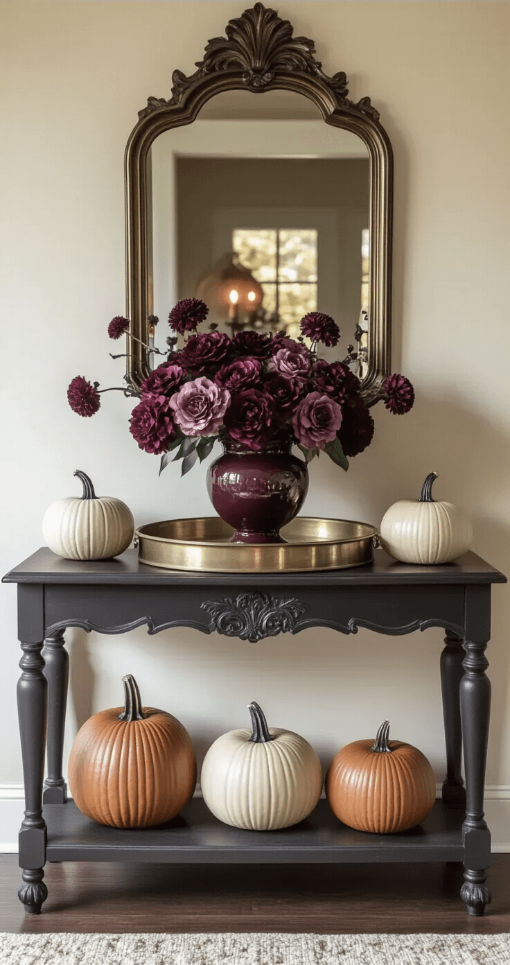 Classy Halloween Home Decor: Elevate Your Seasonal Styling with Sophisticated Spook Elegant Halloween entryway vignette featuring an antique console table with a brass tray holding burgundy florals in a ceramic vessel, accented by muted ceramic pumpkins and a Gothic mirror, all set against textured cream walls and dark hardwood, creating a mysterious yet welcoming atmosphere.