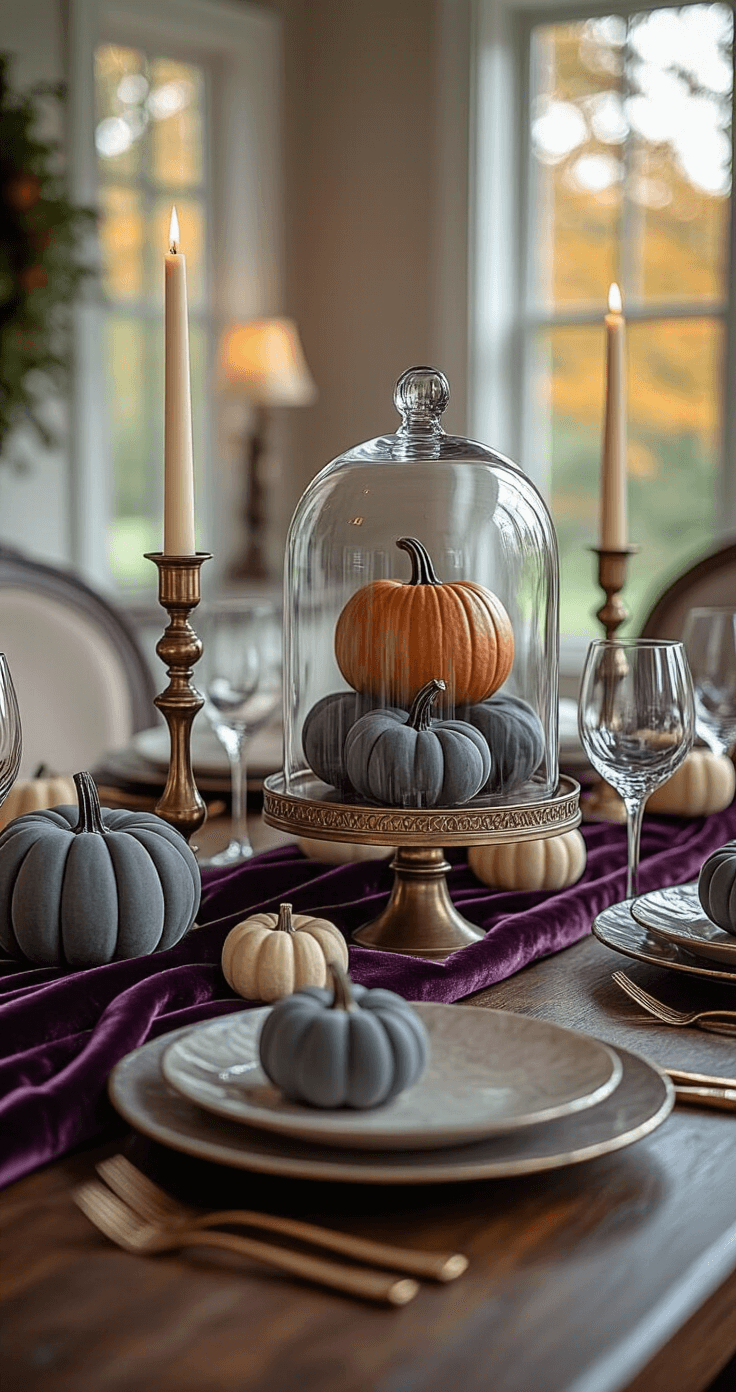 Classy Halloween Home Decor: Elevate Your Seasonal Styling with Sophisticated Spook A refined Halloween dining room centerpiece featuring a dark walnut table with a glass cloche display, burnished brass candle holders with ivory tapers, and muted charcoal and sage pumpkins, set with a deep plum velvet table runner, all illuminated by warm ambient evening light.