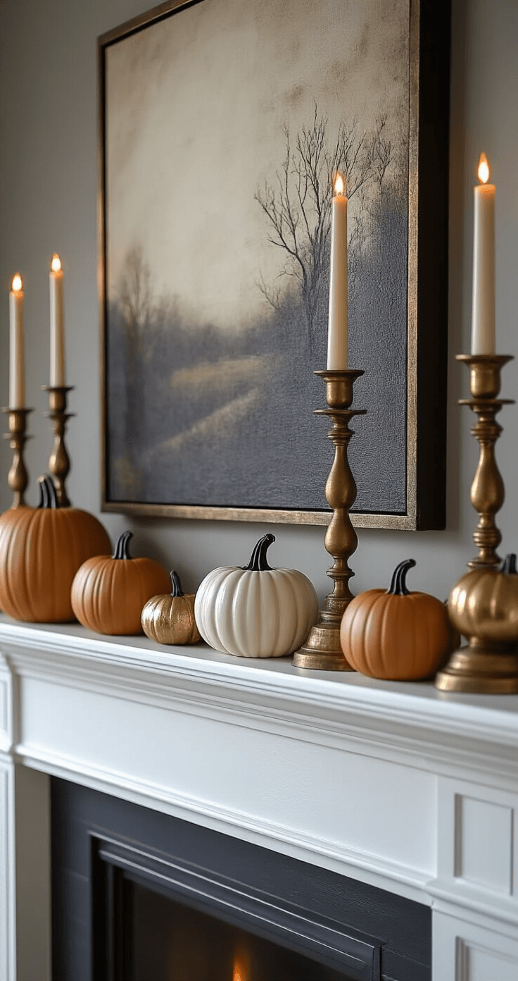Classy Halloween Home Decor: Elevate Your Seasonal Styling with Sophisticated Spook Sophisticated Halloween mantel styled with aged brass candlesticks, neutral ceramic pumpkins, and warm LED string lights against a moody artwork backdrop, featuring a rich charcoal and cream color palette with layered decor elements.