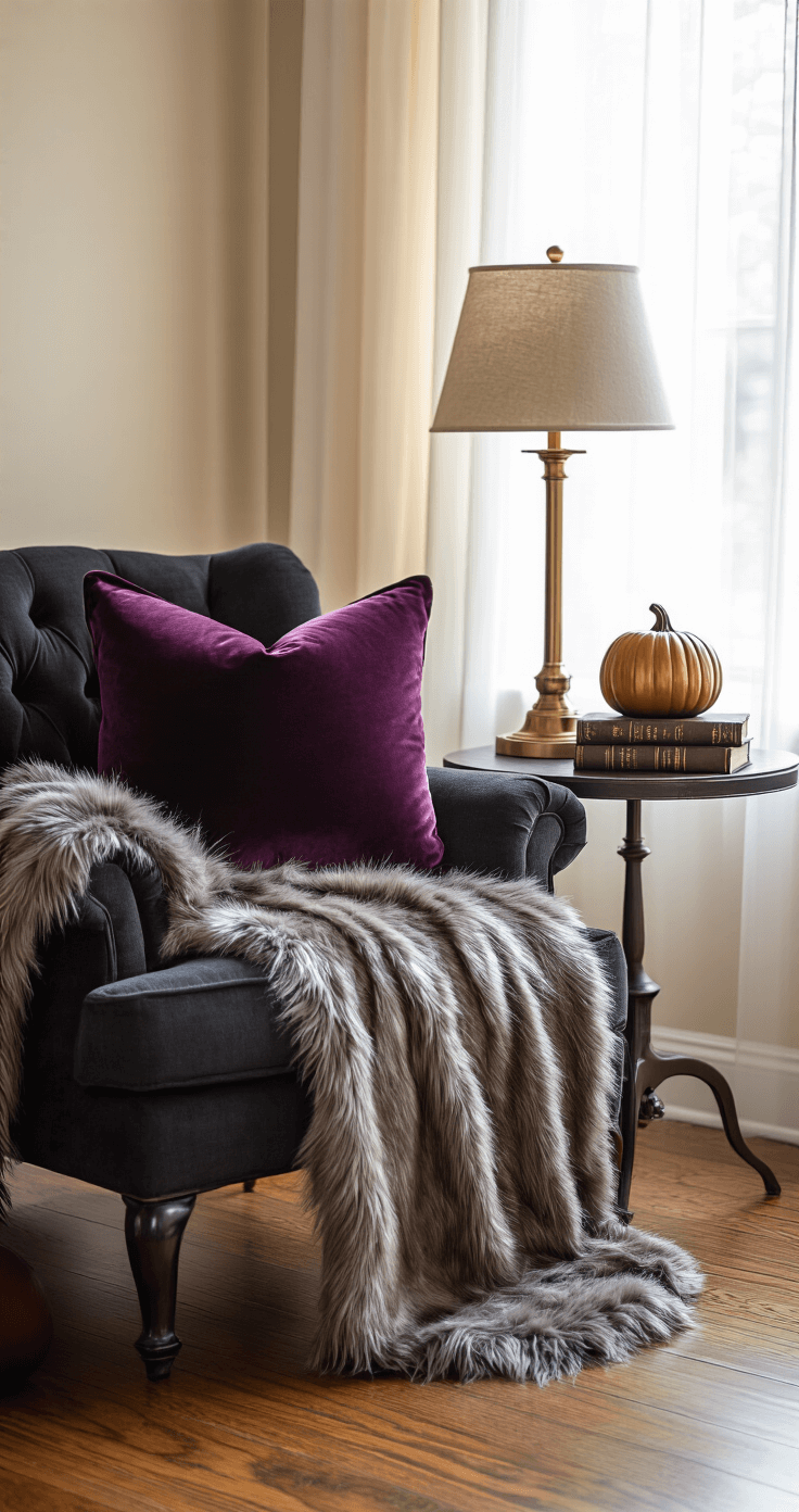 Classy Halloween Home Decor: Elevate Your Seasonal Styling with Sophisticated Spook Classy Halloween-themed bedroom corner featuring a charcoal upholstered chair with a deep plum pillow and faux fur blanket, a brass lamp on a side table, a muted ceramic pumpkin, and a Gothic-inspired book stack, all set against textured cream walls and rich hardwood floors, illuminated by warm morning light streaming through sheer curtains.