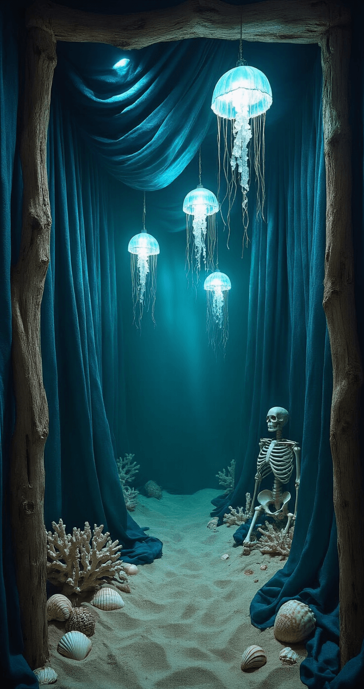 Trunk or Treat Ideas: Ultimate Guide to Creating an Epic Halloween Car Display A wide-angle view of a trunk area styled as an underwater mermaid cove, featuring flowing teal and navy fabric, illuminated by LED lights. Weathered driftwood, seashells, and coral replicas frame the scene, alongside seaweed-wrapped skeleton props on a sandy base. Glowing jellyfish lanterns hang above, enhancing the eerie aquatic ambiance with dramatic evening lighting.