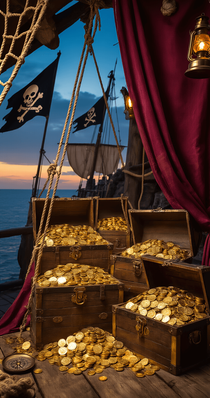 Trunk or Treat Ideas: Ultimate Guide to Creating an Epic Halloween Car Display Close-up view of an ornate pirate treasure display featuring wooden chests overflowing with gold coins, draped in rich burgundy and gold fabrics, with brass lanterns, weathered ropes, tattered flags, and vintage maps, all illuminated by dramatic side lighting.