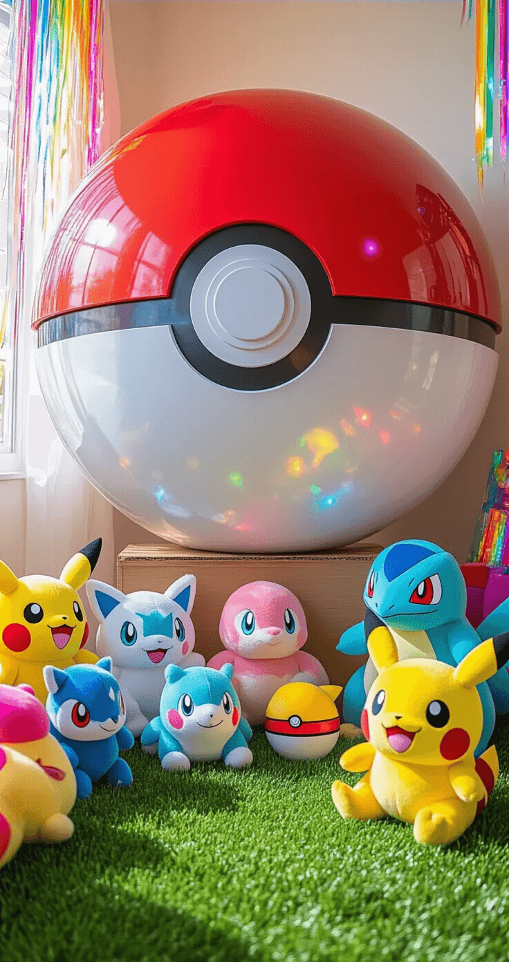 Trunk or Treat Ideas: Ultimate Guide to Creating an Epic Halloween Car Display A vibrant Pokémon-themed setup featuring a large glossy red and white cardboard Poké Ball at the center, surrounded by colorful plush Pokémon on artificial grass mats, with rainbow streamers and holographic decorations reflecting light. Trainer costume accessories are displayed on miniature stands, all illuminated by cheerful mid-afternoon lighting.