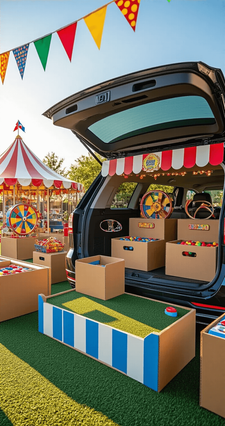 Trunk or Treat Ideas: Ultimate Guide to Creating an Epic Halloween Car Display Wide shot of a vibrant SUV trunk converted into a gaming area, featuring modular cardboard mini-game stations, carnival colors, ring toss and bean bag stations, and prize wheels, all set on artificial turf with festive bunting and warm lighting, promoting a family-friendly atmosphere.