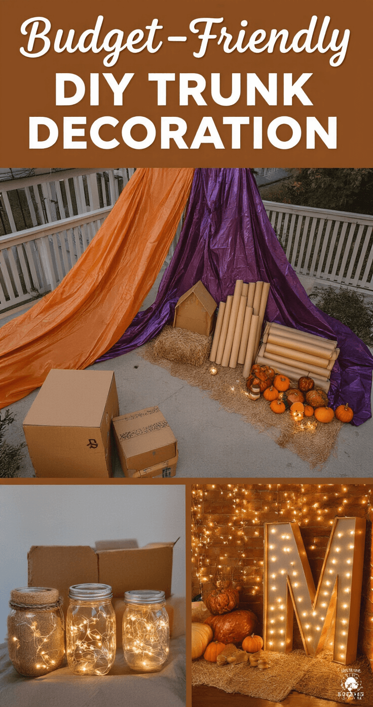 Trunk or Treat Ideas: Ultimate Guide to Creating an Epic Halloween Car Display Overhead view of a budget-friendly DIY trunk decoration setup featuring repurposed dollar store items, including plastic tablecloths, foam pool noodles, and metallic-painted cardboard, arranged with mason jars of fairy lights in warm autumn colors.