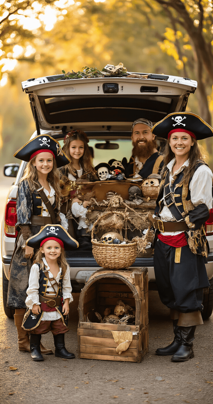 Trunk or Treat Ideas: Ultimate Guide to Creating an Epic Halloween Car Display A coordinated family in matching pirate costumes stands around a beautifully decorated vehicle trunk, showcasing a cohesive color scheme with authentic props under warm golden hour lighting, highlighting their creative theme integration.