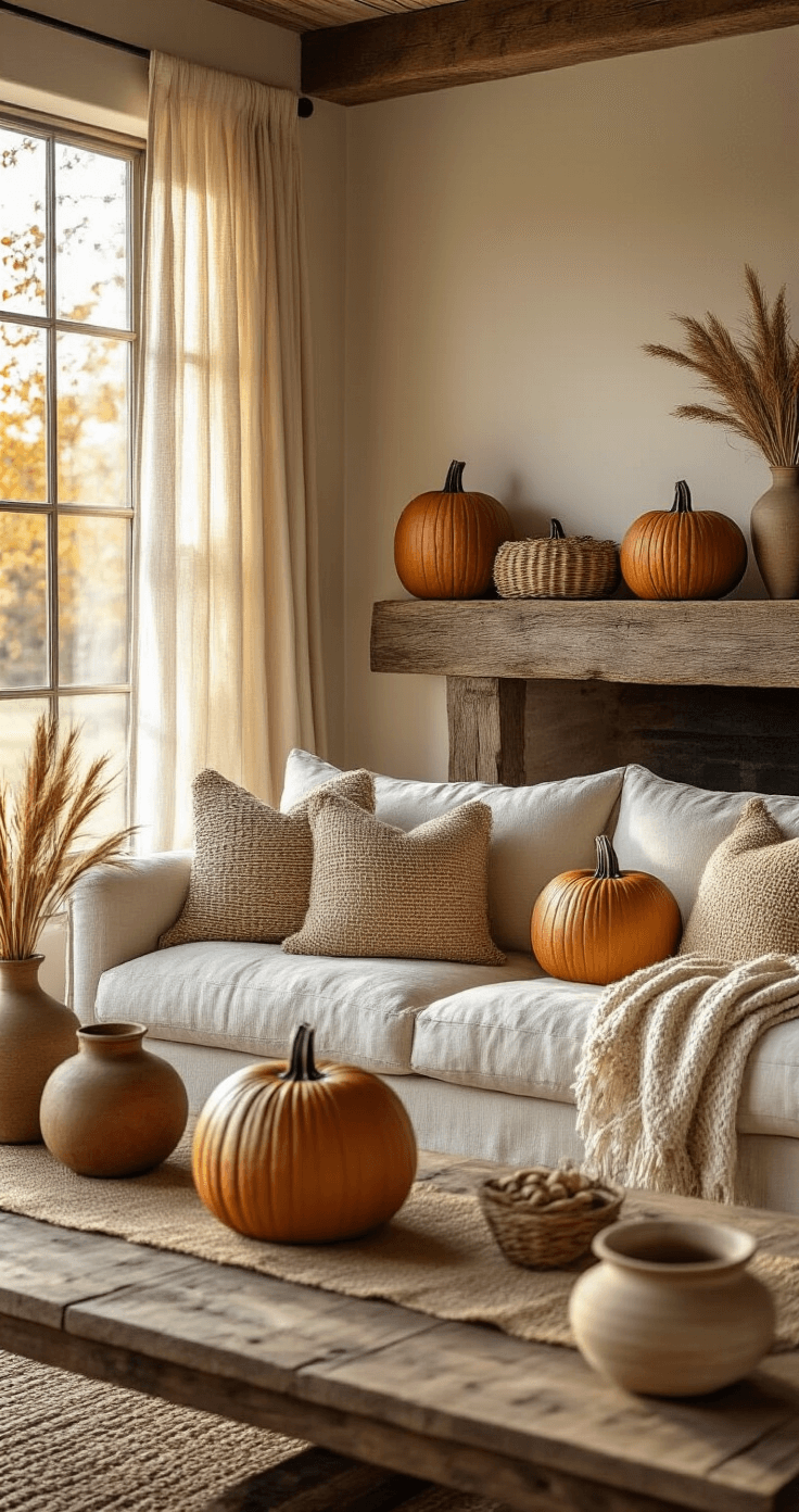 Photorealistic wide-angle shot of a rustic farmhouse living room with a wooden mantle decorated with wicker pumpkins, golden hour sunlight filtering through sheer curtains, a cream linen sofa with chunky knit throws, and a reclaimed wood coffee table, featuring an earthy palette of burnt orange, sage green, and natural wood tones.