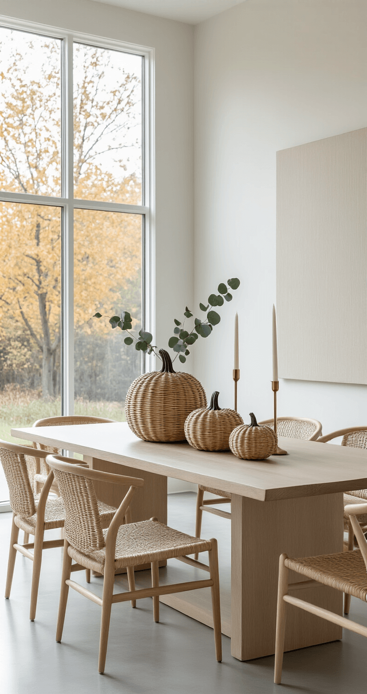 Modern minimalist dining room featuring a sleek console table with a curated wicker pumpkin arrangement, bright afternoon light from floor-to-ceiling windows, and a neutral color palette of warm whites and grays. Polished concrete floors and textured white walls complement a white oak table and Scandinavian chairs, highlighting clean lines and sophisticated autumn styling.