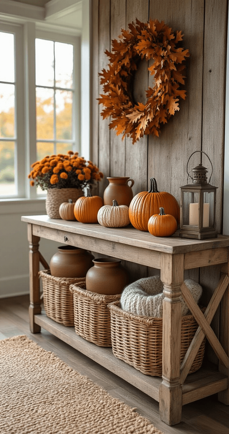 Cozy entryway vignette featuring a rustic wooden console adorned with layered fall decor, illuminated by soft morning light. The scene includes wicker pumpkins, ceramic vessels, a woven basket beneath, and rich textures like a jute runner and wool felt garland, accompanied by warm caramel browns and deep oranges, along with a vintage brass lantern and small potted mums for an inviting seasonal atmosphere.