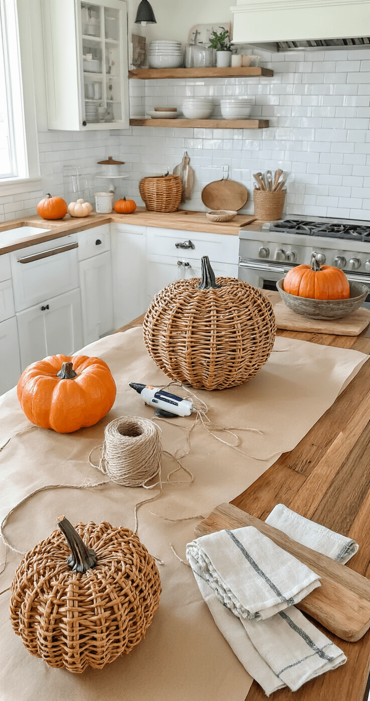 Professional lifestyle photograph of a kitchen island showcasing a DIY wicker pumpkin crafting scene with brown craft paper, twine, and crafting supplies amid a warm and inviting autumn decor.