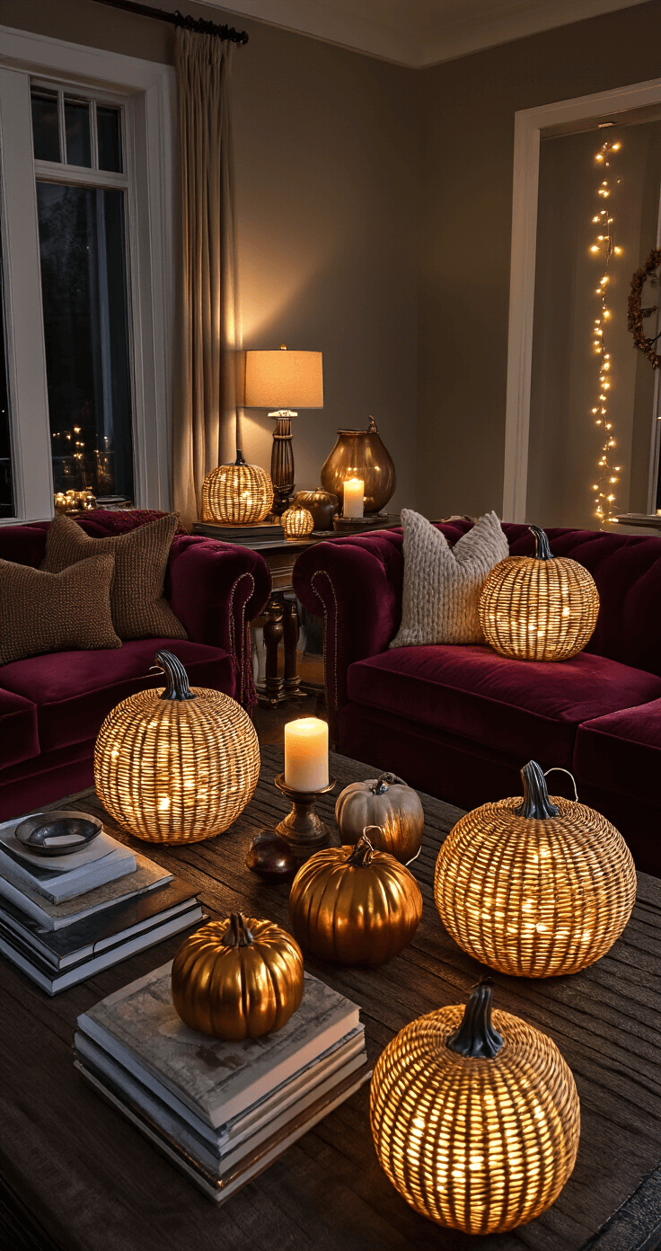 Dramatic evening living room with illuminated wicker pumpkins and fairy lights, warm ambiance from table lamps and candles, deep jewel-toned velvet sofa, rich autumn colors, styled coffee table with books and ceramic vessels, cozy fall atmosphere.