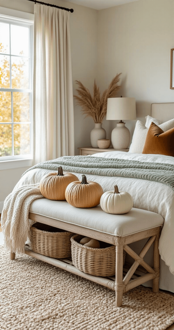 A serene autumn bedroom featuring wicker pumpkins, seasonal textiles, and neutral bedding in cream and sage, accented with chunky knit throws and velvet pillows, under soft natural light.