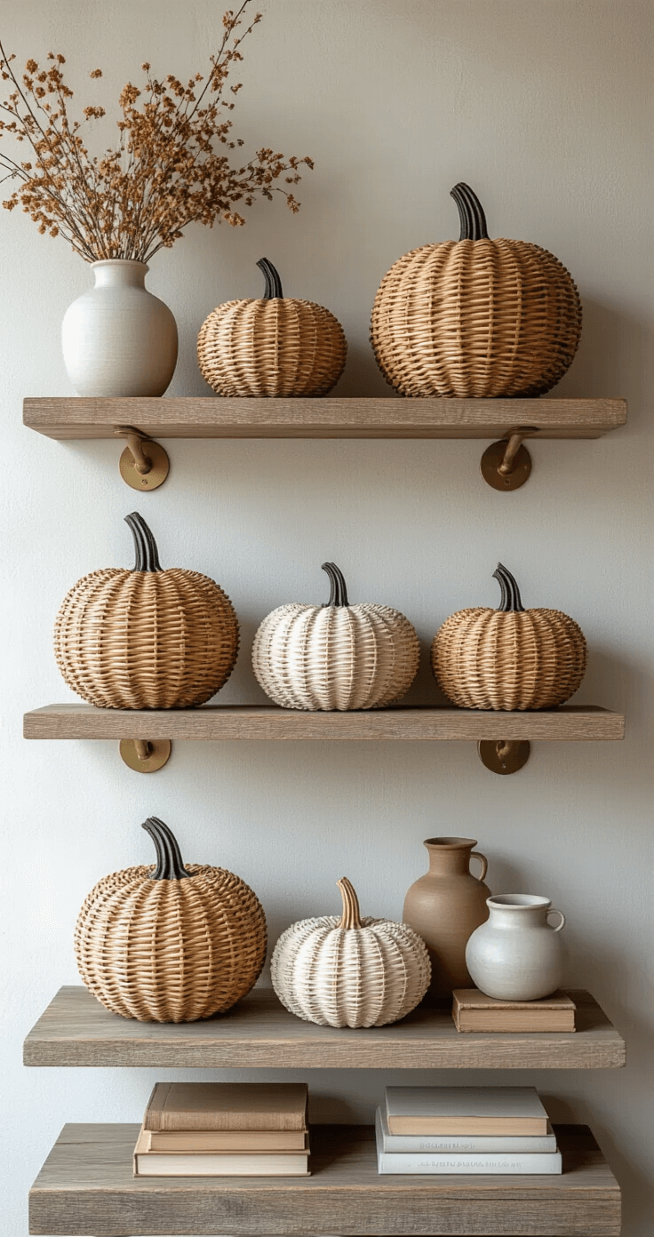 Curated display of premium handmade wicker pumpkins on floating shelves against a textured wall, featuring aged brass brackets and reclaimed wood. Styled with ceramic vessels, dried botanicals, and vintage books, showcasing intricate weaving and a modern farmhouse aesthetic in neutral tones.