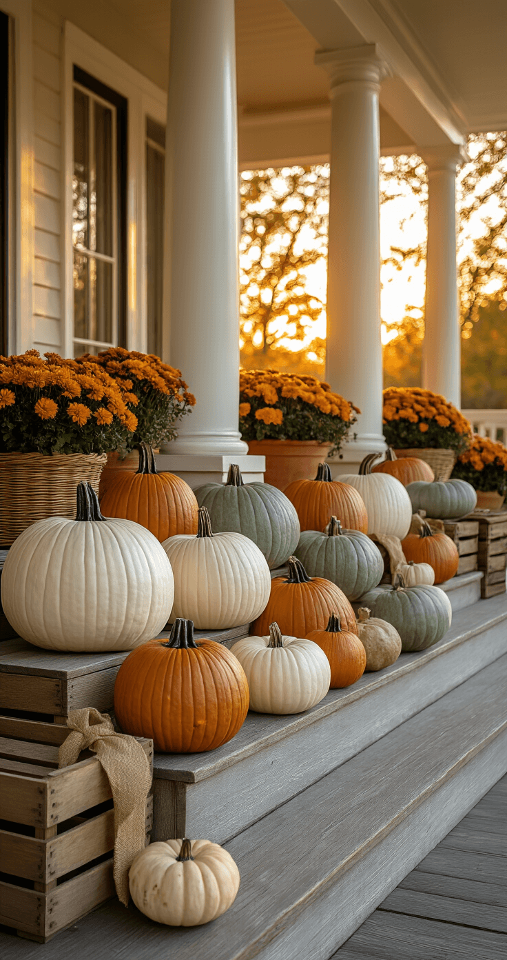 Stunning Pumpkin Décor for Your Front Porch: A Complete Seasonal Styling Guide Wide-angle view of a sunlit covered porch with large neutral-toned pumpkins arranged on weathered wooden steps, accented by rustic crates and terracotta pots of autumn mums. The warm amber light casts deep shadows, enhancing the cozy autumn atmosphere.