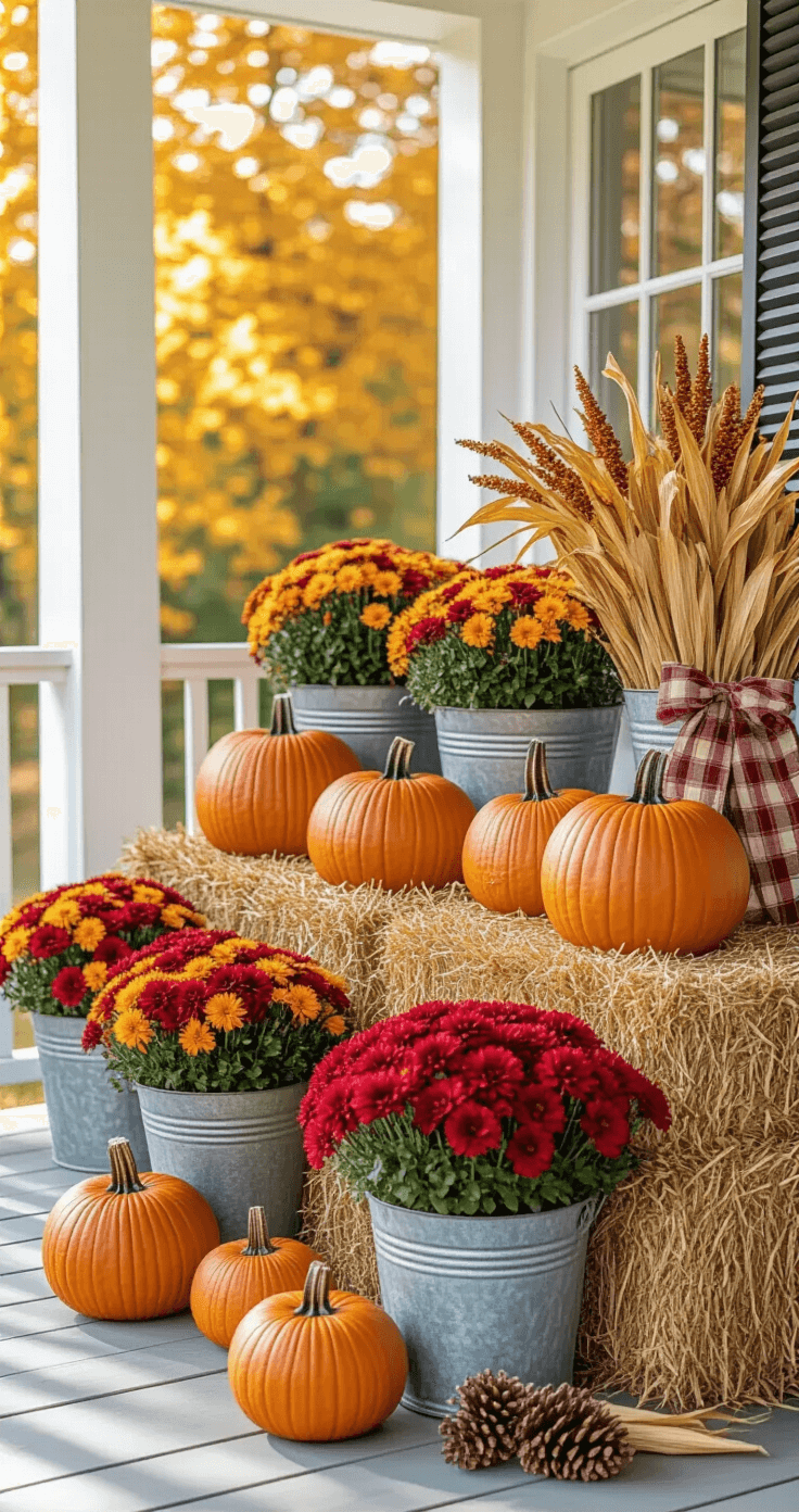 Stunning Pumpkin Décor for Your Front Porch: A Complete Seasonal Styling Guide Eye-level view of a traditional harvest-themed porch display featuring classic orange and burgundy pumpkins on hay bales, red and gold mums in vintage buckets, and pinecones scattered around, creating a warm autumn atmosphere.