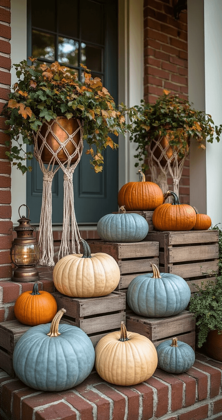 Stunning Pumpkin Décor for Your Front Porch: A Complete Seasonal Styling Guide Low-angle shot of a bohemian pumpkin display on brick steps, featuring heirloom pumpkins in muted colors, weathered wooden crates, macrame plant holders, and vintage brass lanterns, all illuminated by diffused late morning sunlight.