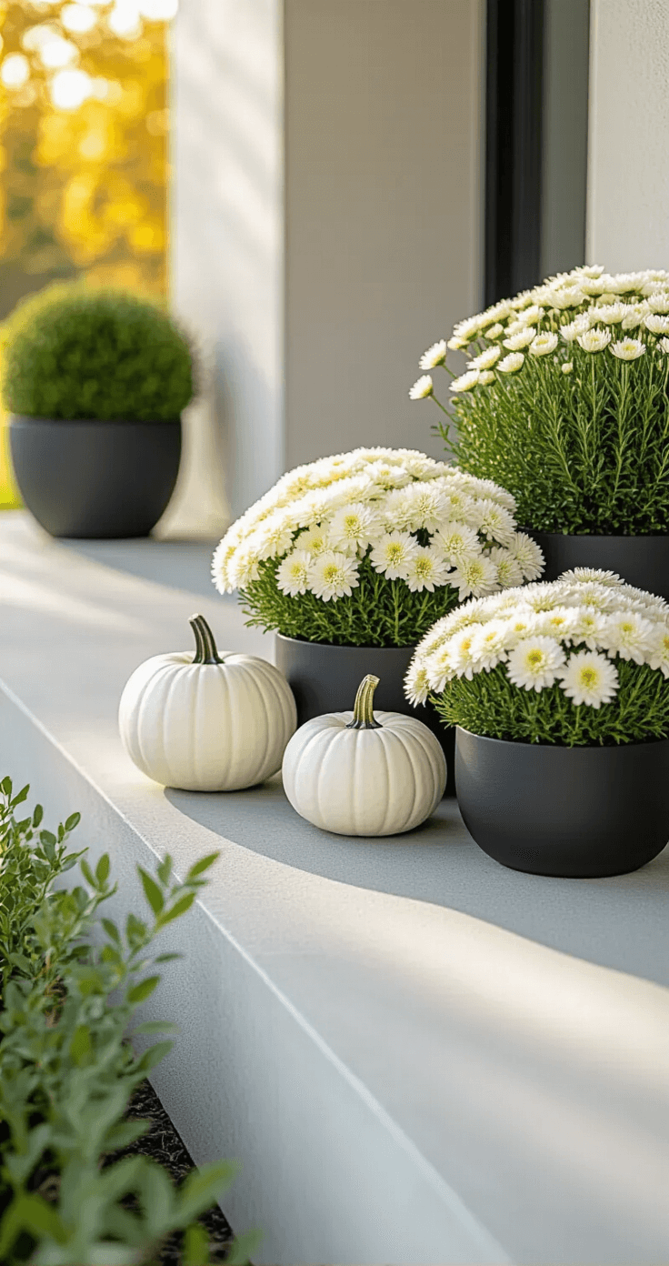 Stunning Pumpkin Décor for Your Front Porch: A Complete Seasonal Styling Guide Close-up of a modern minimalist pumpkin arrangement with white and pale green pumpkins in geometric clusters on a sleek concrete porch, complemented by contemporary black planters with structured mums, showcasing clean lines and a subtle sage and cream color palette in bright midday lighting.