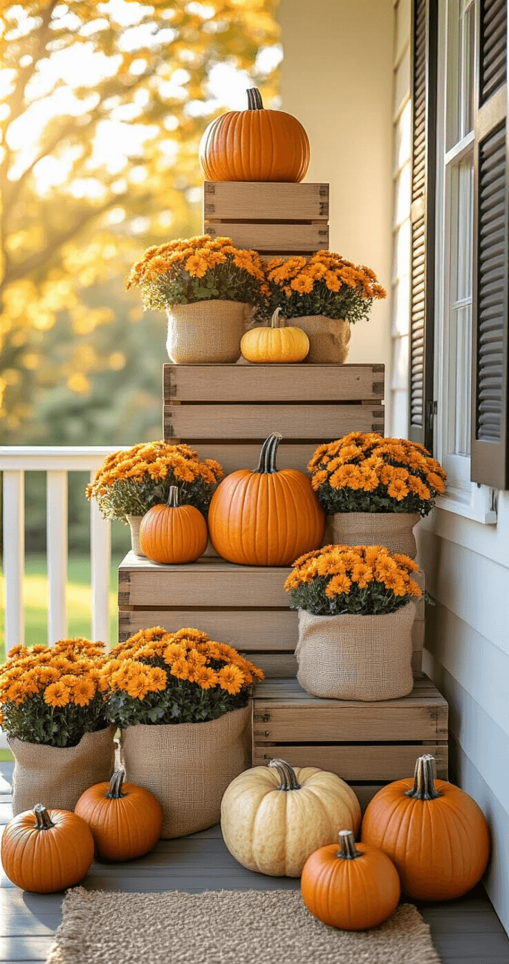 Stunning Pumpkin Décor for Your Front Porch: A Complete Seasonal Styling Guide Medium shot of a cozy porch featuring a tiered pumpkin display on stacked vintage wooden boxes, showcasing mixed-size gourds in warm autumn colors. Small potted mums are arranged between the levels, illuminated by warm morning sunlight, emphasizing efficient use of vertical space.