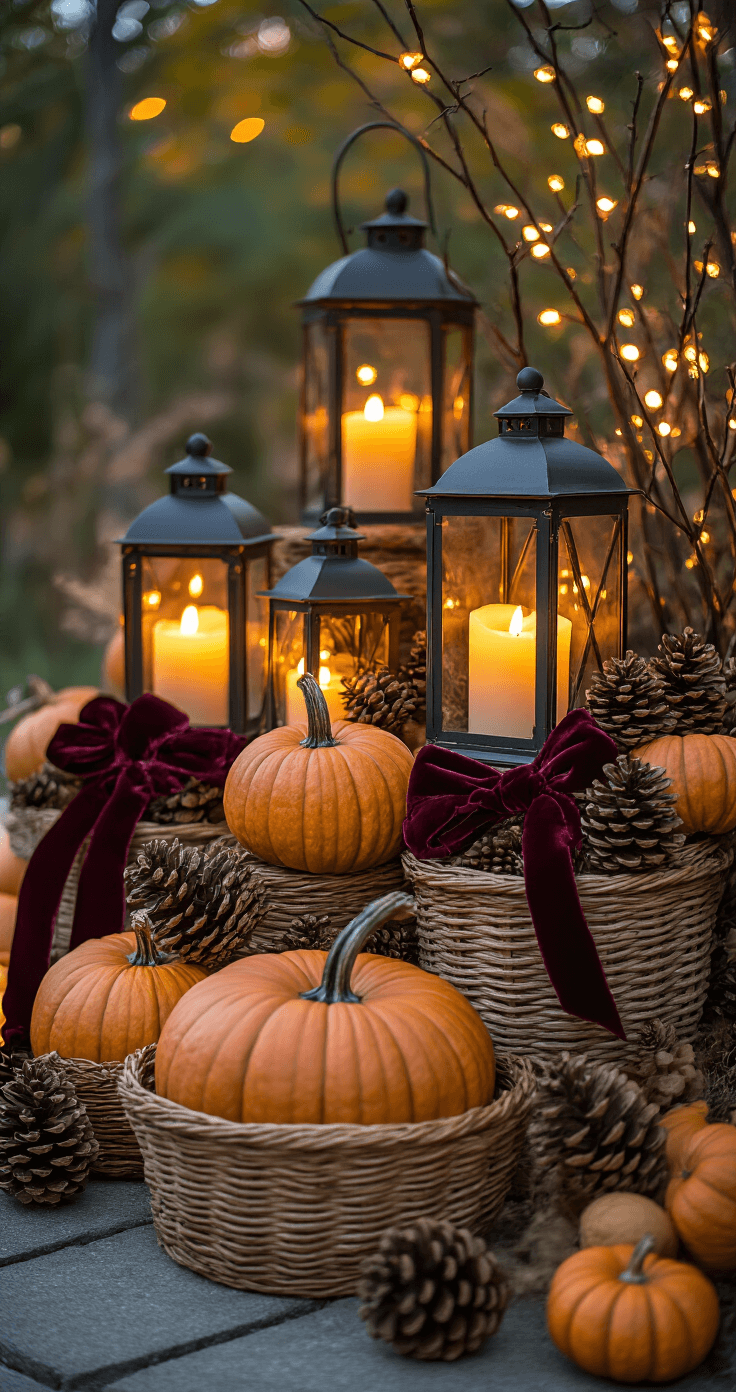 Stunning Pumpkin Décor for Your Front Porch: A Complete Seasonal Styling Guide A warm, autumnal pumpkin display at dusk, featuring textured pumpkins and gourds in rustic lanterns with flickering LED candles, illuminated by soft golden light with deep burgundy velvet ribbons and scattered pinecones, creating a romantic ambiance.