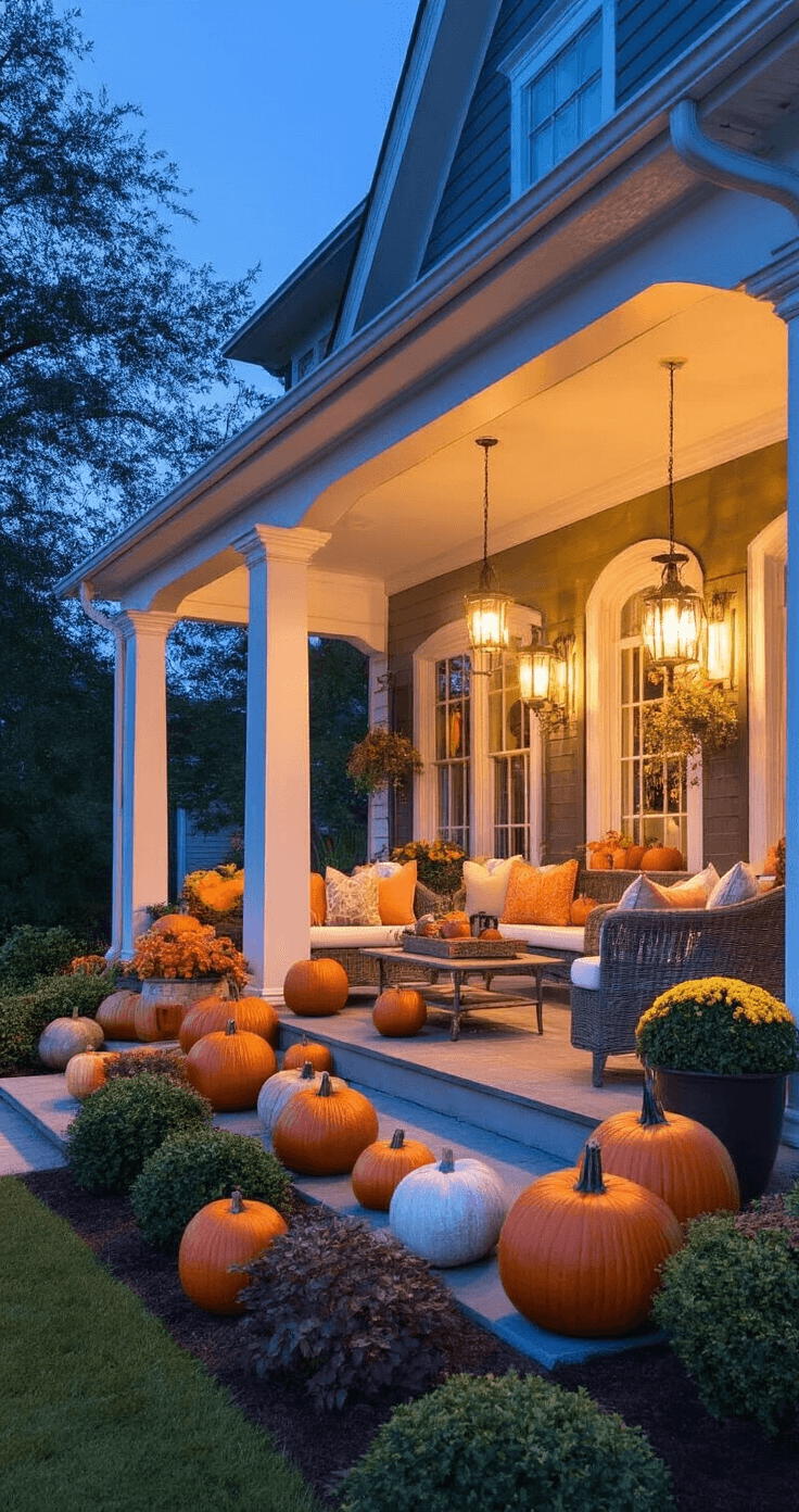 Stunning Pumpkin Décor for Your Front Porch: A Complete Seasonal Styling Guide A beautifully transformed front porch during blue hour, showcasing multiple pumpkin groupings in odd numbers with varied heights and textures, complemented by outdoor fall throw pillows in oranges, creams, and sage greens, and professional landscape lighting enhancing the seasonal decor for a perfect autumn curb appeal.