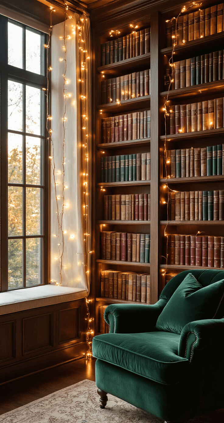 Magical Fairy Lights: Transform Your Bookshelf into a Cozy Wonderland A cozy reading nook with floor-to-ceiling built-in bookshelves adorned with fairy lights, filled with leather-bound and vintage books. Amber sunlight filters through a window, casting warm glows on dark walnut shelves. A plush emerald velvet armchair sits nearby, surrounded by bokeh effects from copper wire lights, creating a magical library ambiance.