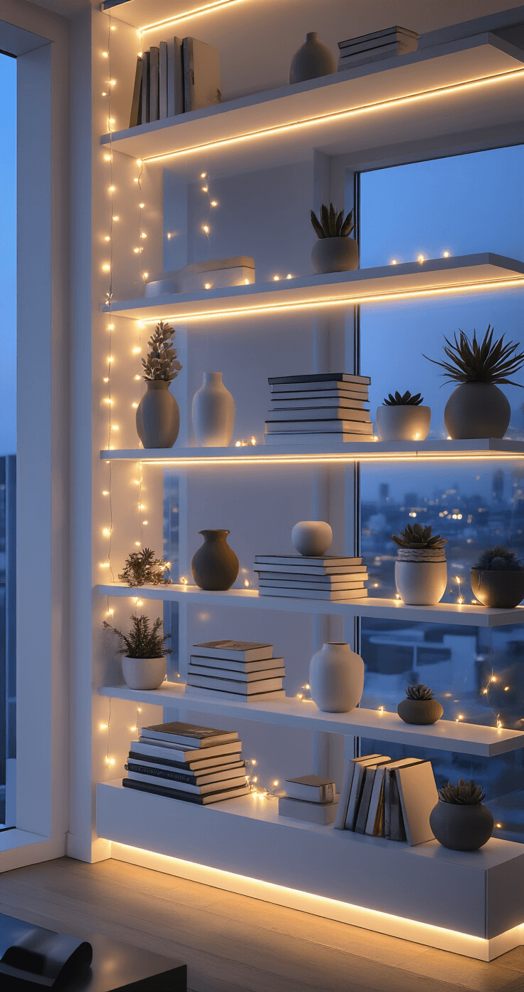 Magical Fairy Lights: Transform Your Bookshelf into a Cozy Wonderland Cinematic wide shot of a modern minimalist living room with white floating shelves styled with battery-operated fairy lights, featuring books, ceramic vases, and succulent plants, illuminated by evening blue hour light and warm LED strings, showcasing a palette of whites, grays, and matte black accents.