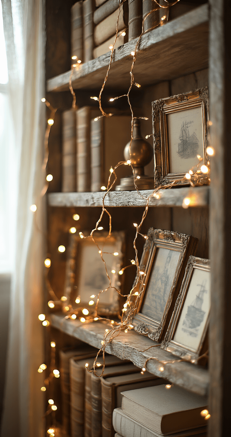 Magical Fairy Lights: Transform Your Bookshelf into a Cozy Wonderland Macro shot of fairy lights entwined in vintage picture frames on a rustic wooden bookshelf, with soft morning light illuminating copper wires among antique books and brass bookends, highlighting rich textures and warm colors.