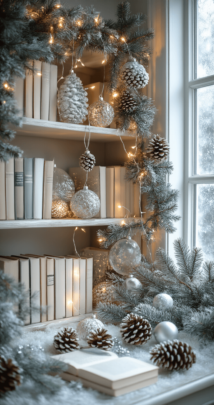 Magical Fairy Lights: Transform Your Bookshelf into a Cozy Wonderland A cozy winter bookshelf adorned with fairy lights, pine cone ornaments, and frosted glass, illuminated by afternoon light streaming through frost-covered windows, showcasing books in winter whites and deep blues, complemented by evergreen sprigs and silver accents against a backdrop of textured materials.