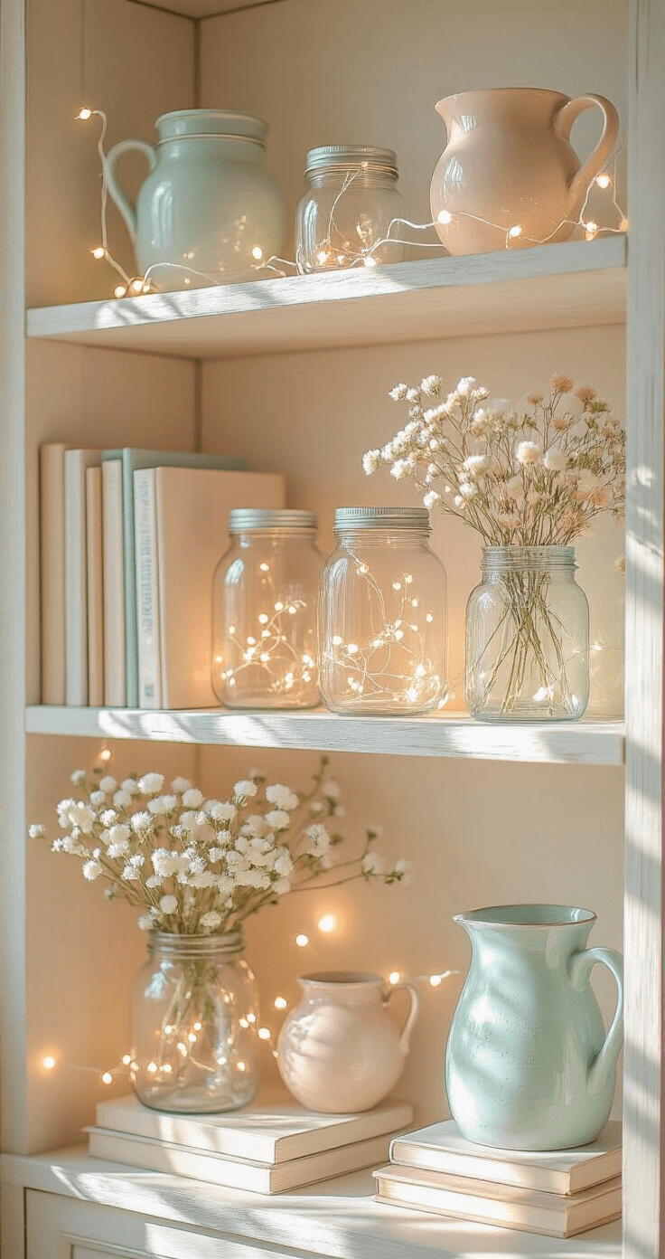Magical Fairy Lights: Transform Your Bookshelf into a Cozy Wonderland A summer-themed bookshelf styled with pastel fairy lights in translucent jars, bright sunlight illuminating the space, and soft multicolor LED lights. Arranged with books, dried flowers, and coastal-colored pottery, the scene features sandy beiges, seafoam greens, and coral pinks, set against weathered wood and frosted glass in a dreamy, beachy cottage aesthetic.