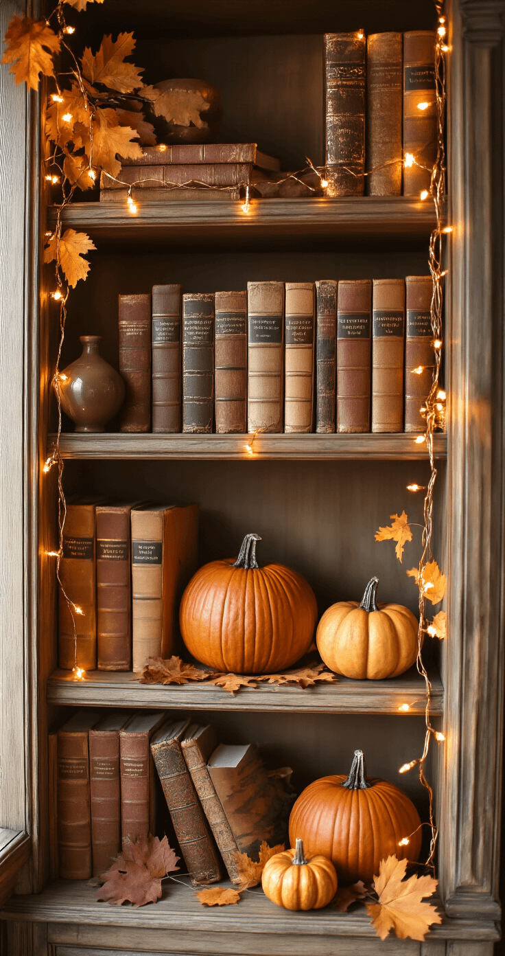 Magical Fairy Lights: Transform Your Bookshelf into a Cozy Wonderland Autumn-themed bookshelf with warm-toned accessories, seasonal decorations, and copper fairy lights, featuring books in rust, mustard, and brown hues, pumpkins, and dried leaves, all beautifully lit by golden hour light.