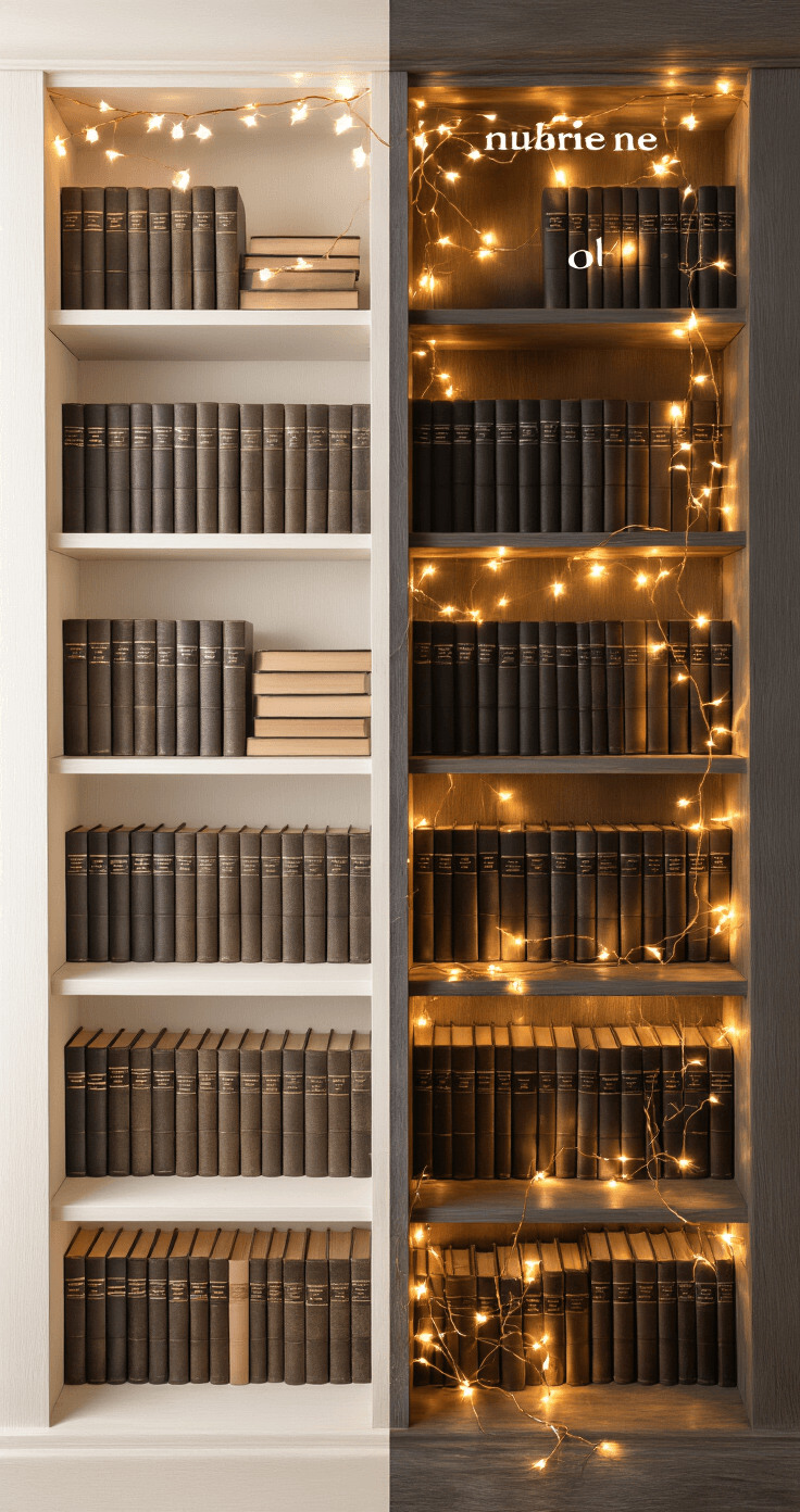 Magical Fairy Lights: Transform Your Bookshelf into a Cozy Wonderland A side-by-side comparison of a bookshelf transformation; the left side shows a neatly arranged collection of books under bright fluorescent light, while the right side reveals a magical display illuminated by warm LED fairy lights, highlighting the textures of books and wooden shelves in a cozy evening setting.
