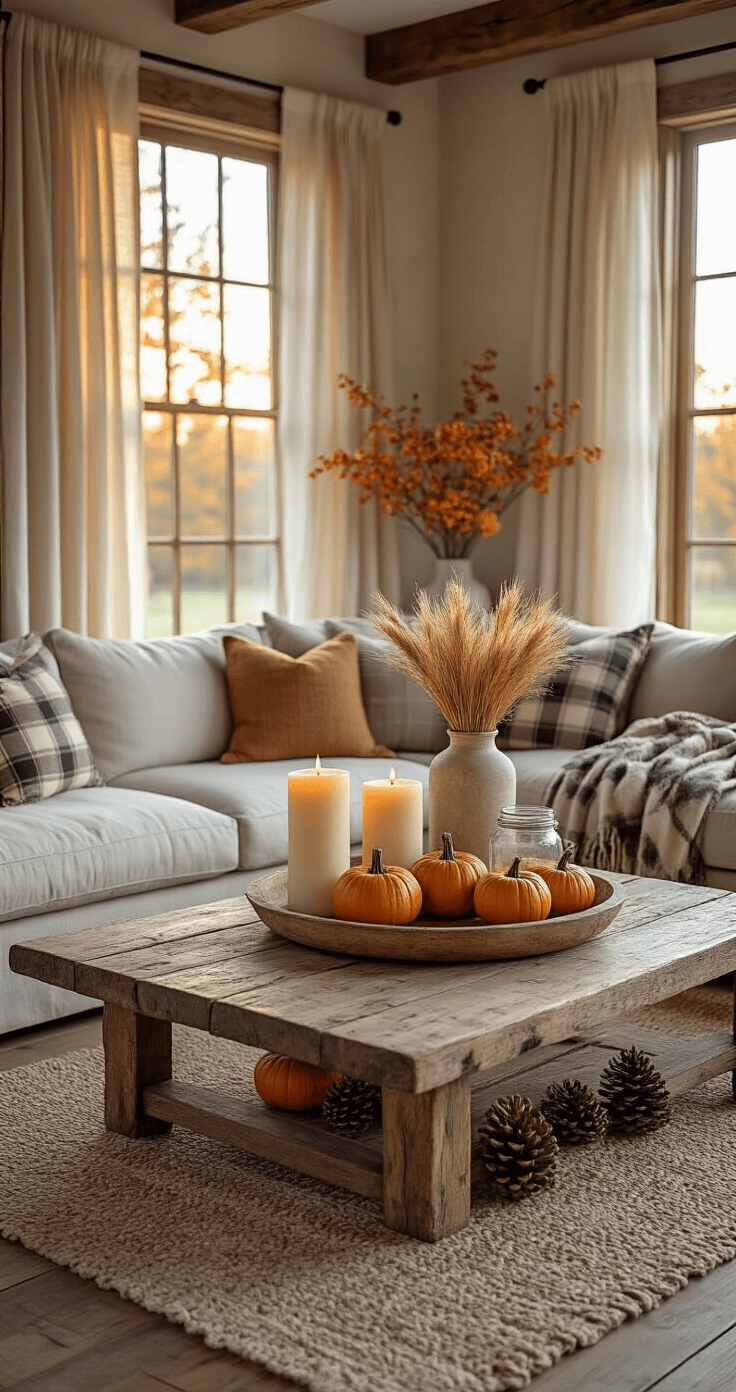 Photorealistic living room in a rustic farmhouse at golden hour, featuring a weathered wood coffee table with a large serving tray adorned with ivory pillar candles, mini orange pumpkins, pinecones, dried orange slices, and a mason jar of dried wheat. Warm sunlight filters through linen curtains onto distressed wood floors, with cozy plaid throws over a cream sectional sofa. Shot from a high angle, creating a warm and inviting atmosphere.