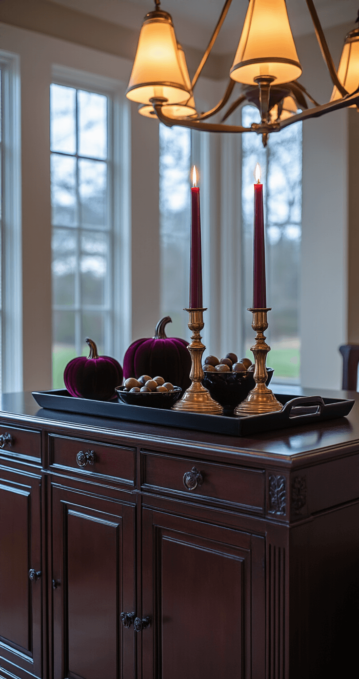 Dramatic interior shot of a sophisticated dining room at twilight, featuring a dark mahogany sideboard with a black lacquer tray and burgundy pillar candles in brass candlesticks, surrounded by luxurious velvet pumpkins and dark ceramic bowls filled with acorns, all bathed in warm accent lighting that creates a film noir atmosphere.