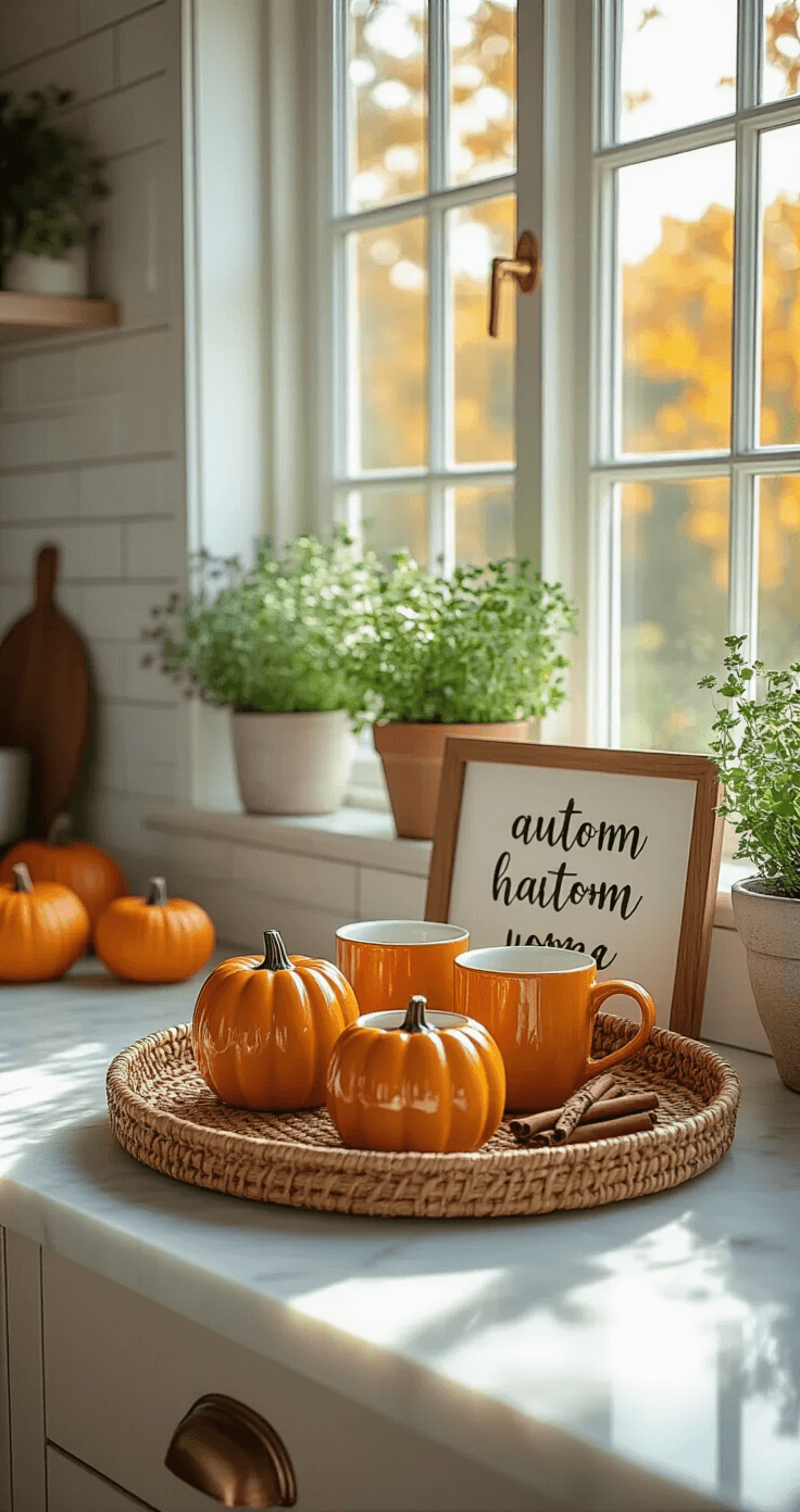Bright, airy kitchen island bathed in natural morning light with large windows. A woven wicker tray holds pumpkin-shaped candles, ceramic mugs with cinnamon sticks, and a small autumn quote sign. The marble countertop reflects the soft light, surrounded by white subway tile, brass fixtures, and scattered potted herbs. Fresh coffee steam adds to the cozy, cafe-inspired hygge atmosphere, captured from a 45-degree angle.