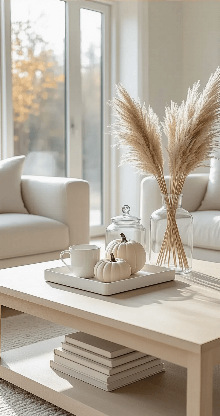 A serene minimalist living room featuring a low profile white oak coffee table adorned with a white ceramic tray of mini pumpkins, tall glass jars of dried pampas grass, and stacked neutral linen books, all illuminated by soft diffused daylight through floor-to-ceiling windows, set against a monochromatic palette of whites, creams, and warm beiges.