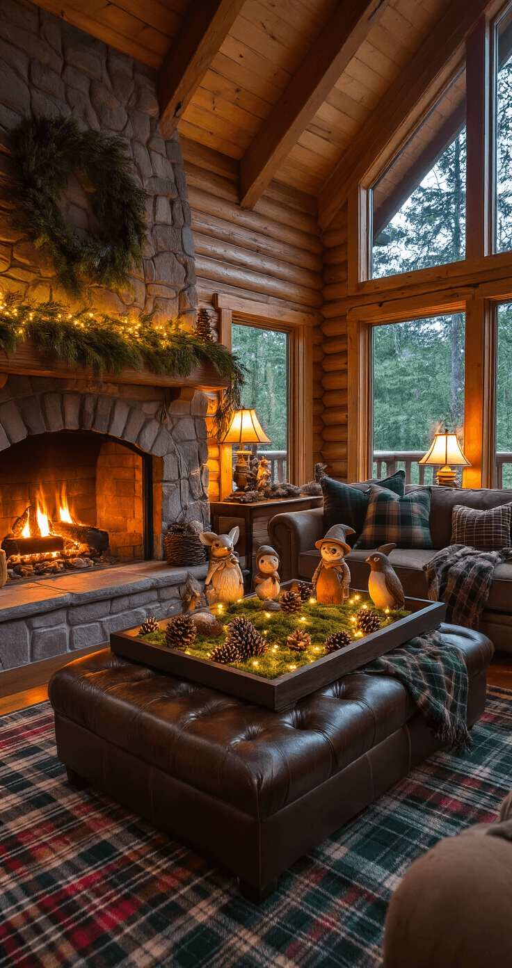 Cozy cabin living room with a crackling fireplace, featuring whimsical woodland creature figurines on a dark walnut tray, glowing fairy lights, pinecones, and preserved moss. The rich forest green and brown palette is accentuated by plaid wool rugs, an exposed beam ceiling, and warm amber lighting from lamps and the fire, creating an intimate, enchanted atmosphere.