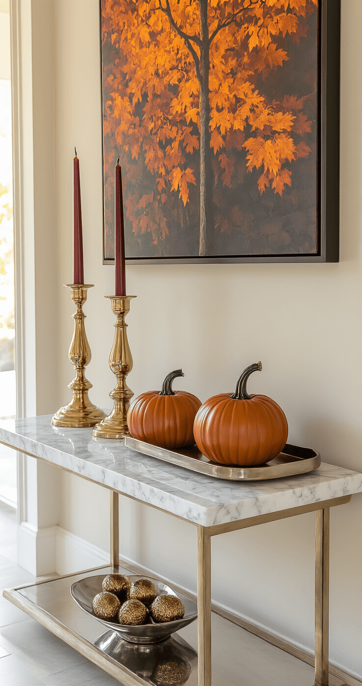 Elegant console table with polished marble top styled in golden hour light, featuring mixed-height decor including tall brass candlesticks with burgundy tapers, medium rust-orange ceramic pumpkins, and low glass bowls with metallic acorns, set against neutral walls adorned with autumn artwork in a sophisticated, luxury hotel lobby atmosphere.