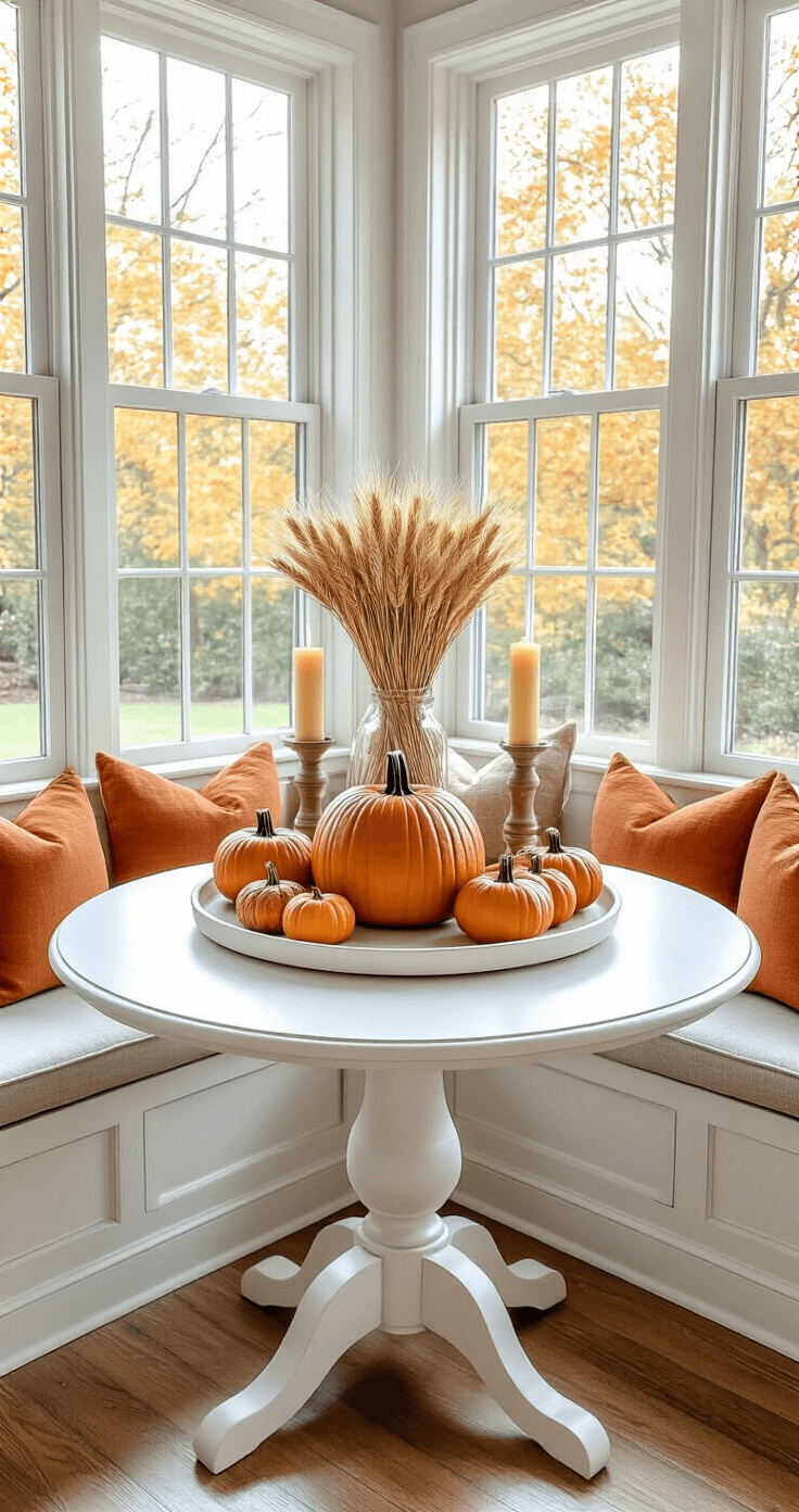 Bright breakfast nook featuring a round pedestal table styled for fall with a white ceramic tray, a tall pumpkin candle, mini pumpkins, a dried wheat bundle, and acorns. There are autumn-colored cushions on built-in bench seating, all illuminated by abundant natural morning light.